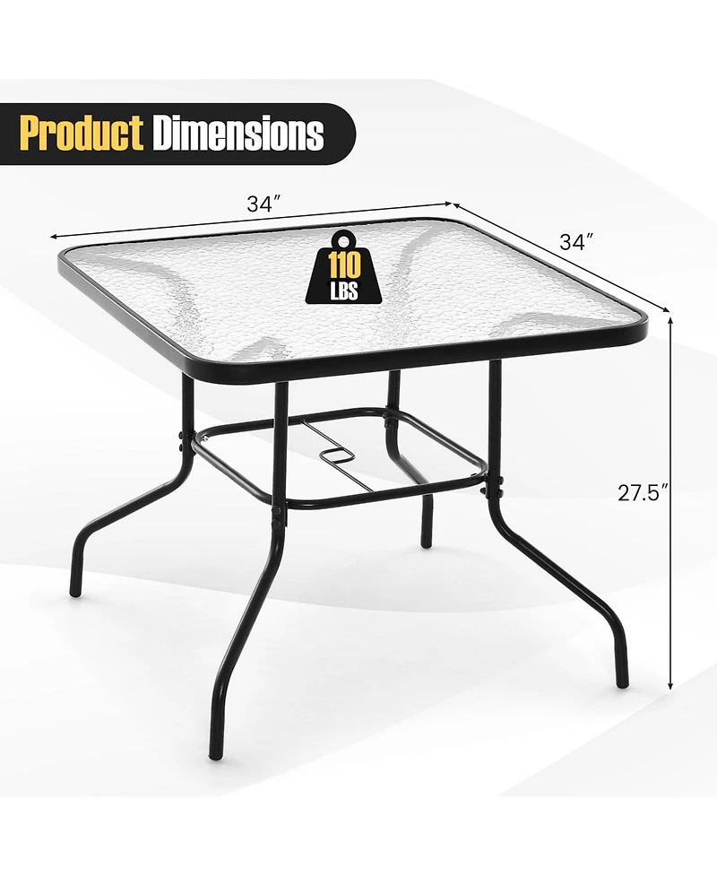 Gymax 34 Inch Dining Table Square Tempered Glass Table w/ 1.5'' Umbrella Hole Outdoor