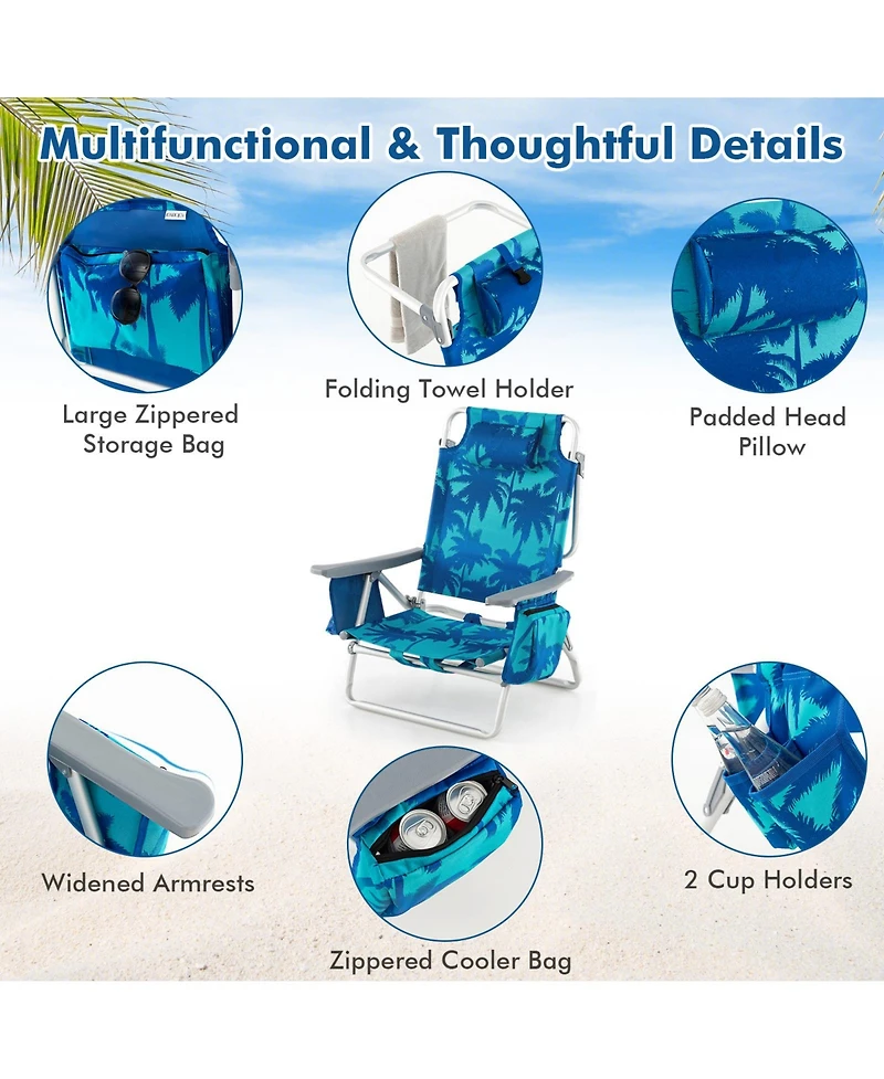 Gymax 2 Pieces Beach Chair 5-Position Outdoor Reclining Chairs w/ Head Pillow and Storage Bag