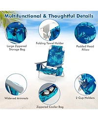 Gymax 2 Pieces Beach Chair 5-Position Outdoor Reclining Chairs w/ Head Pillow and Storage Bag