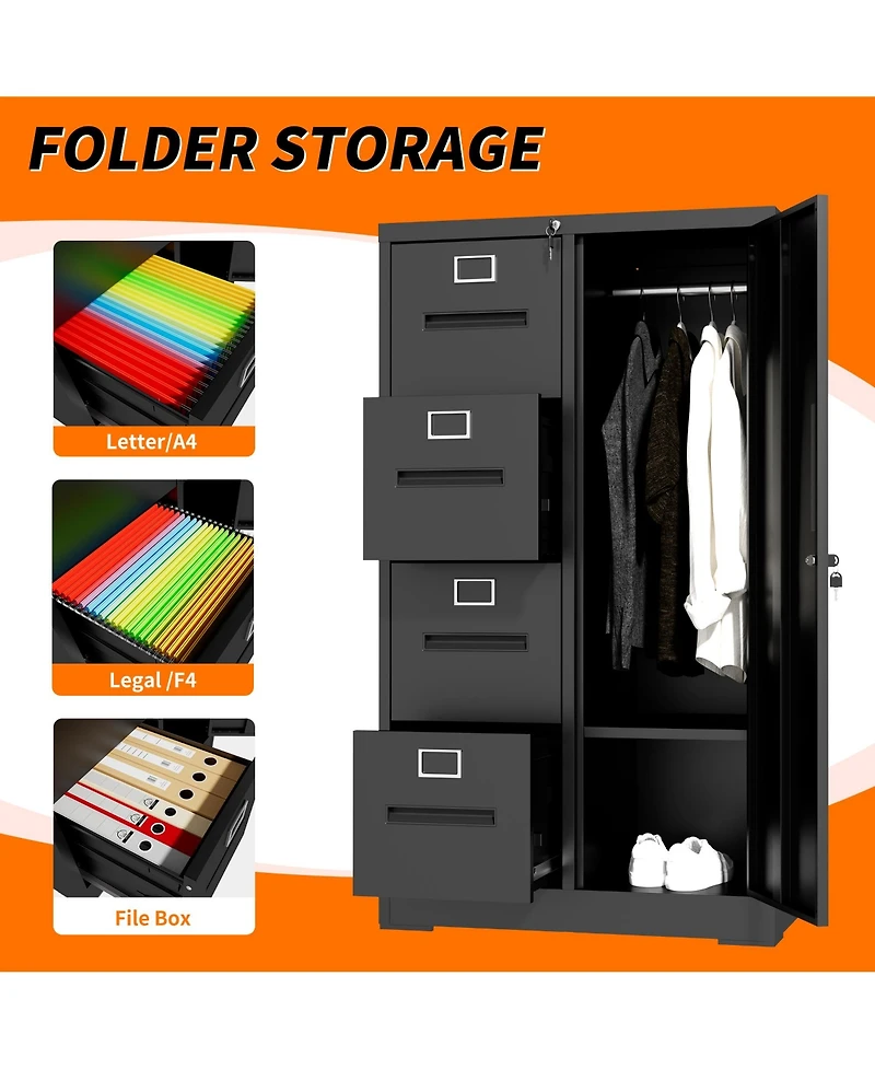 Rainsken Vertical File Cabinet with Lock, 2-in-1 Storage for Files and Clothes, Steel 4 Drawers 1 door Home Office