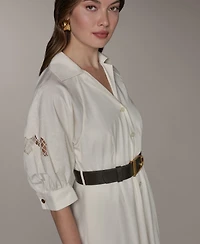 Donna Karan New York Women's Collared Shirt Midi Dress with Pu Belt