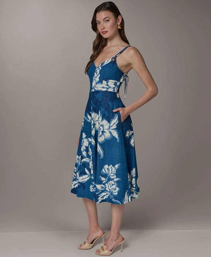 Donna Karan New York Women's V-Neck Linen Blend Fit & Flare Sleeveless Midi Dress