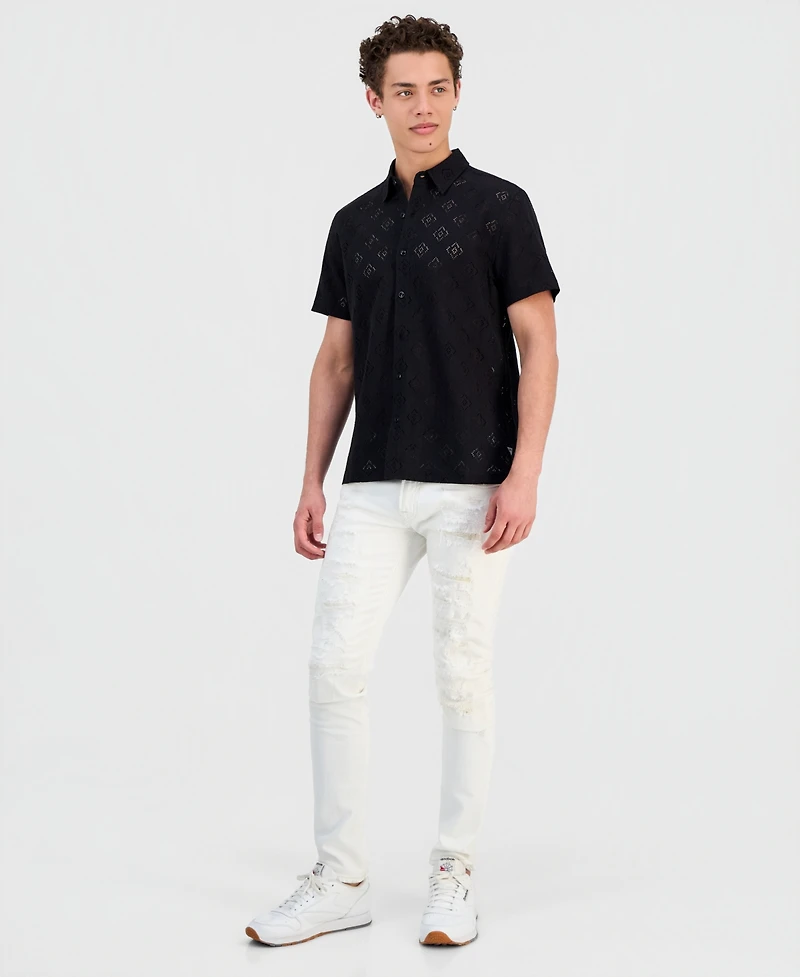Guess Men's Geo Linework Jacquard Short-Sleeve Shirt