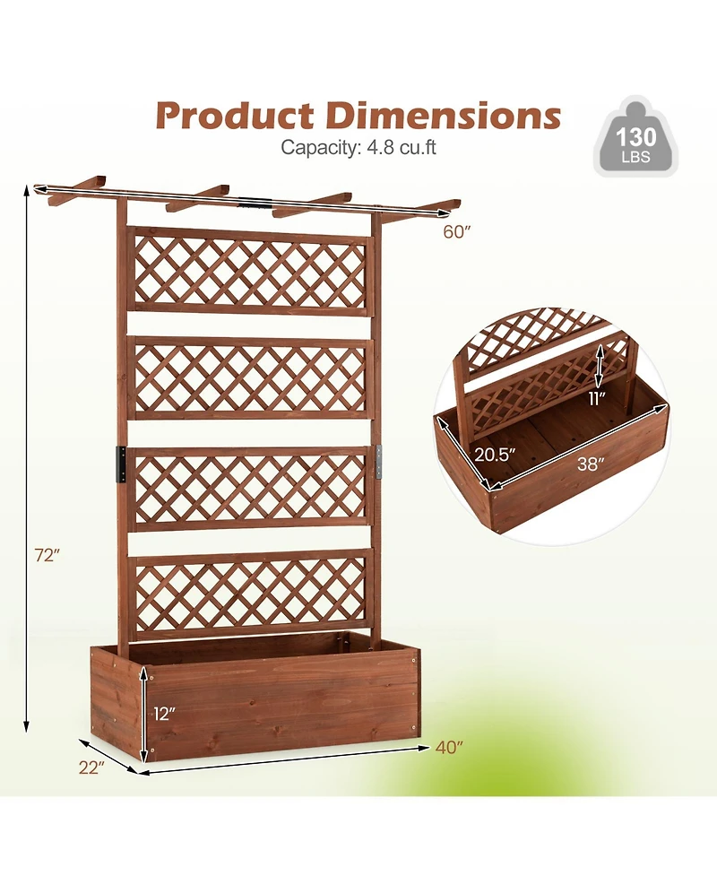 Gymax Wooden Planter Box w/Lattice Trellis Flat Roof Drainage for Climbing Plant