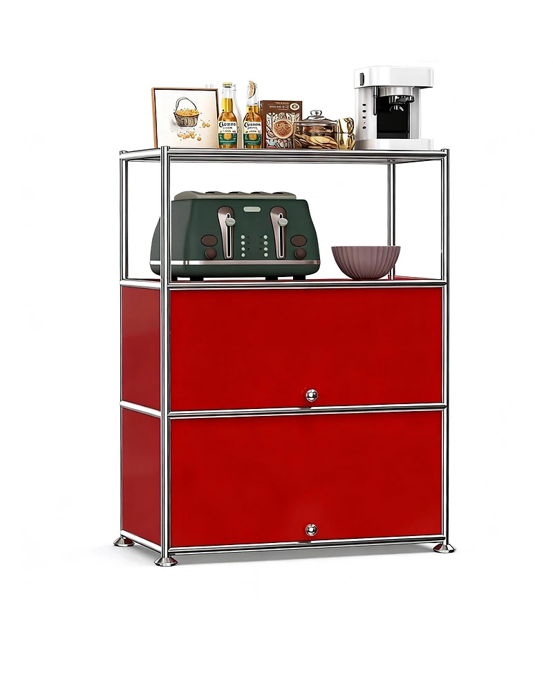 4-Tier Modular Metal Storage Cabinet, Modern Accent Sideboard with Doors and Open Shelves for Home & Office, Red