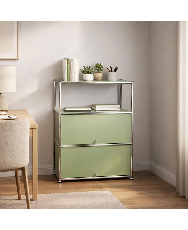 3 Tier Modular Metal Sideboard Storage Cabinet, Modern Grid-Style, for Dining Room, Living Room or Office, Green