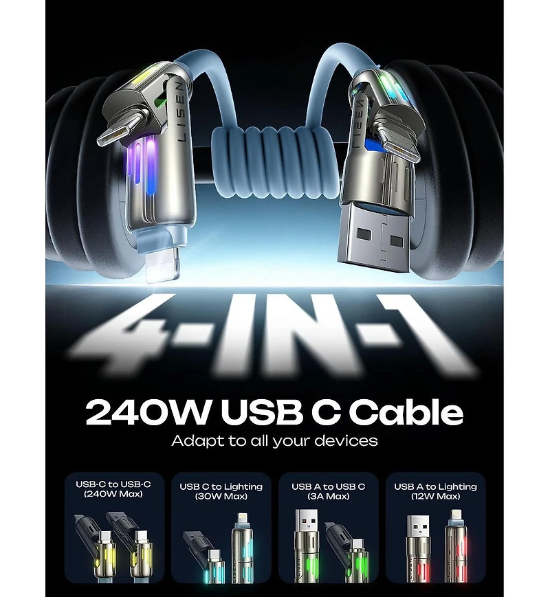 Lisen 2-Pack 240W 4-in-1 Charging Cable, Usb-c and Lightning Multi Charger Cable for All Devices, Fast Charging Cord for Travel