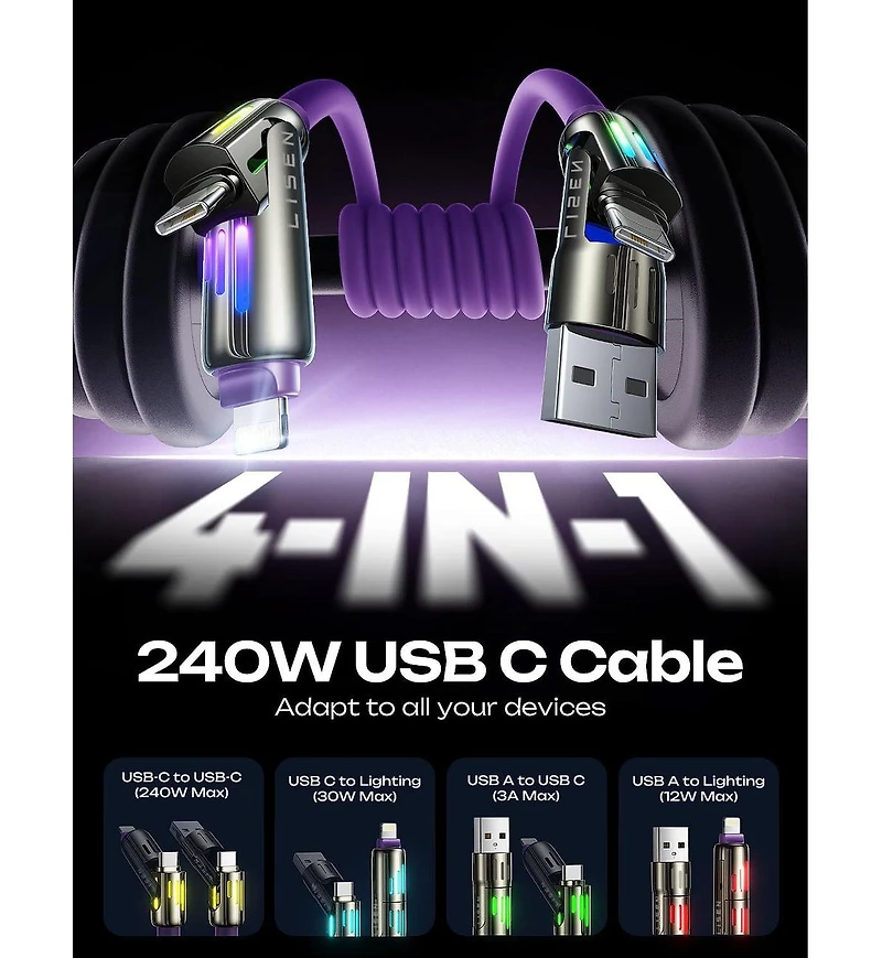 Lisen 2-Pack 240W 4-in-1 Charging Cable, Usb-c and Lightning Multi Charger Cable for All Devices, Fast Charging Cord for Travel, Home and Car