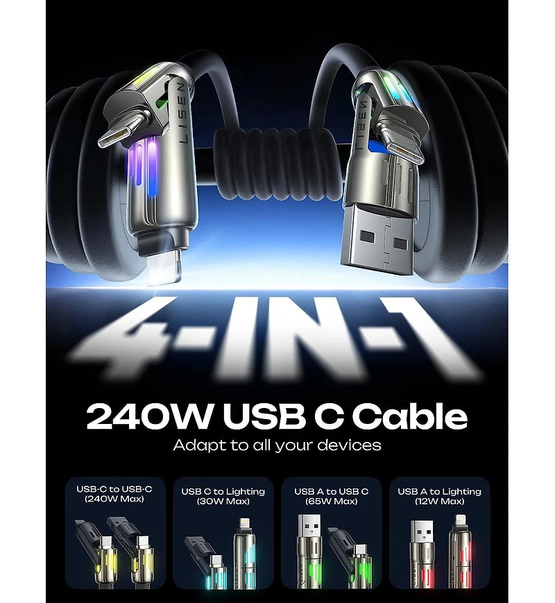 Lisen 2-Pack 240W 4-in-1 Charging Cable, Usb-c and Lightning Multi Charger Cable for All Devices, Fast Charging Cord for Travel, Home and Car