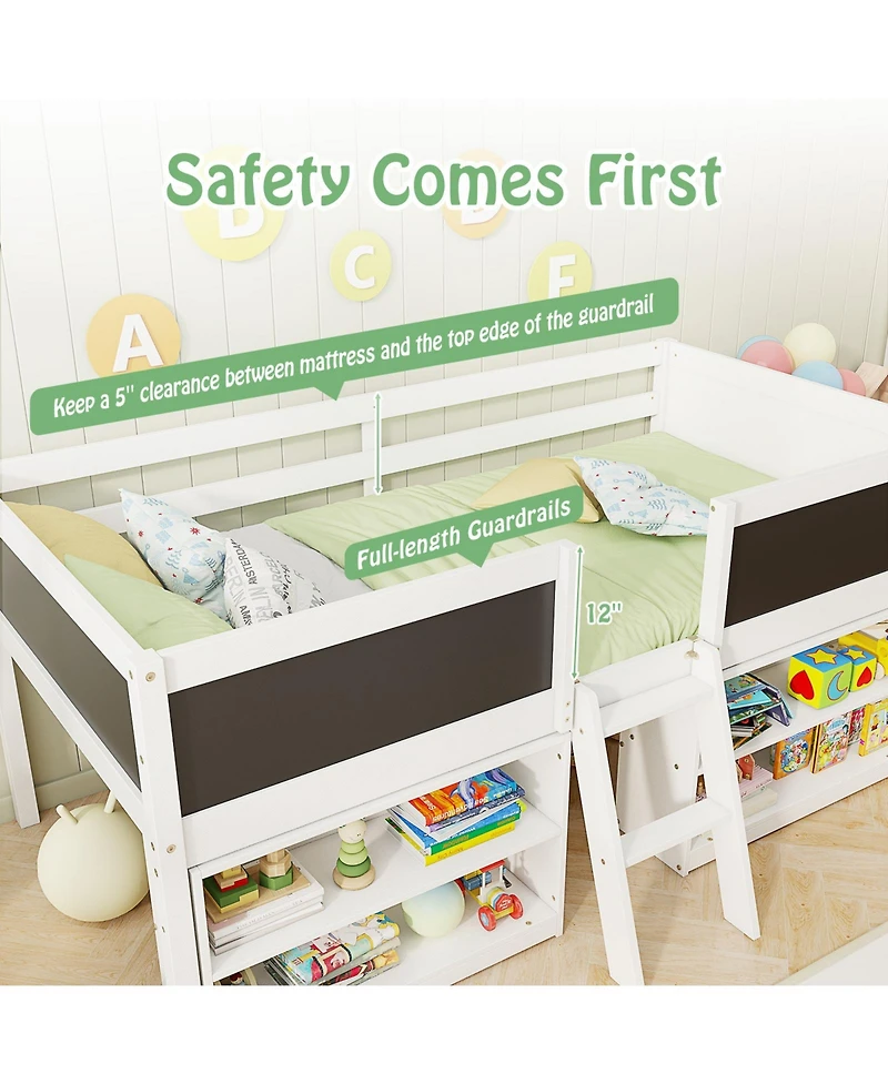 Gouun Twin Size Kids Low Loft Bed with Chalkboard, Ramp Ladder and Bookcases