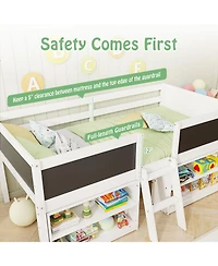 Gouun Twin Size Kids Low Loft Bed with Chalkboard, Ramp Ladder and Bookcases
