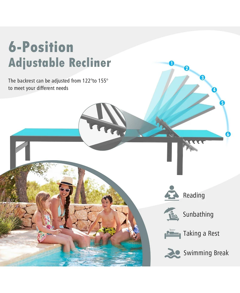 Gymax Set of 2 Outdoor 6-Position Lounge Chair Chaise Aluminium Adjust Recliner Patio