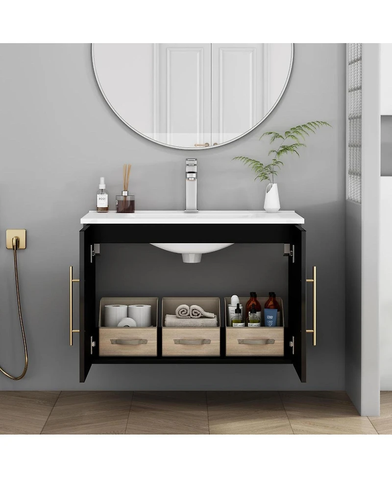 Sillysis Wall Mounted Bathroom Vanity with Sink, Double Doors, Soft Close Hinges, Modern Glossy Cabinet for Small Spaces