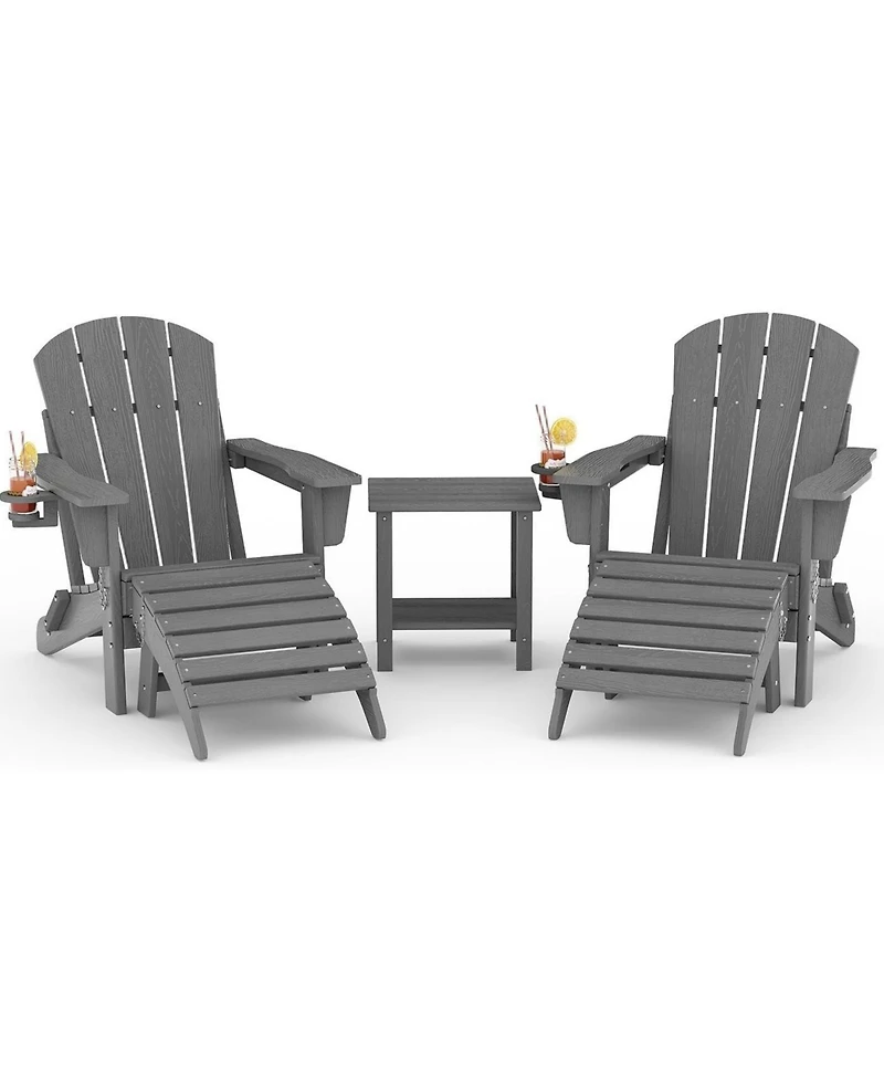 gaomon Folding Adirondack Chair Set of 5, All-Weather Hdpe Outdoor Chair, Wooden Textured with Cup Holder for patios, Decks, Gardens, fire pits