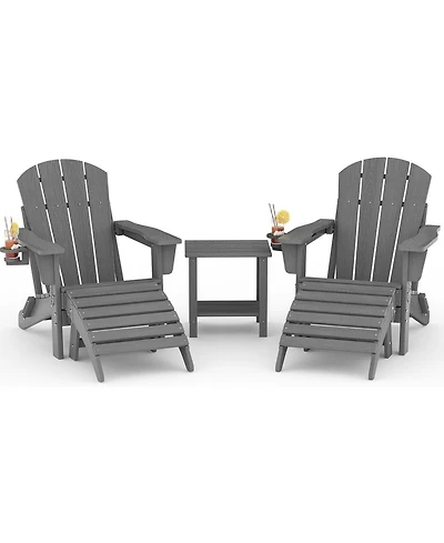 gaomon Folding Adirondack Chair Set of 5, All-Weather Hdpe Outdoor Chair, Wooden Textured with Cup Holder for patios, Decks, Gardens, fire pits