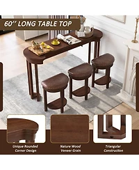 Rainsken 60'' Bar Table and Chairs Set - with 3 Pu Upholstered Stools, Solid Wood Counter Height Dining for Living Room
