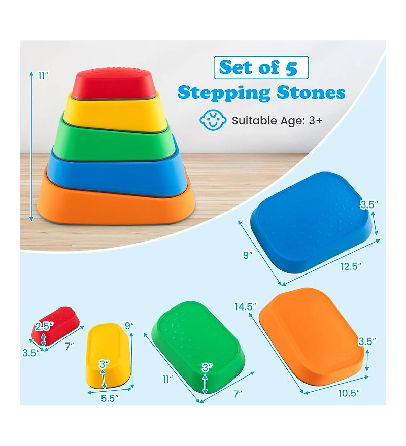 Slickblue 5 Piece Kids Stepping Stone Set, Non-Slip River Stones for Balance and Play-Multicolor
