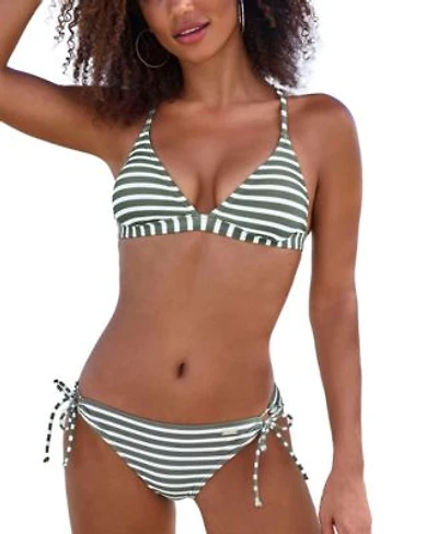 Olive Stripe Cross Back Triangle Bikini Top Bottom