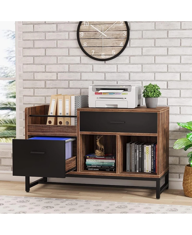 Rainsken Lateral Filing Cabinet, Wood Printer Stand with 2 Drawers and Open Storage Shelves for Home Office Organization