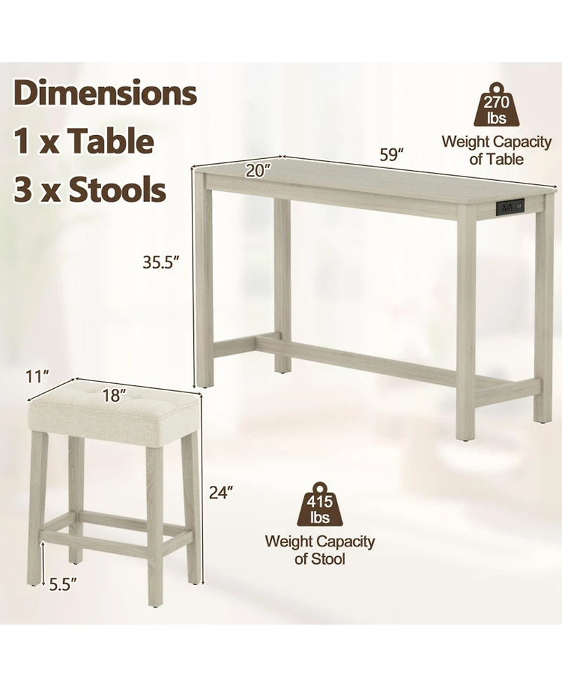 Gouun 4-Piece Counter Height Bar Table Set with 3 Upholstered Stools and Charging Station