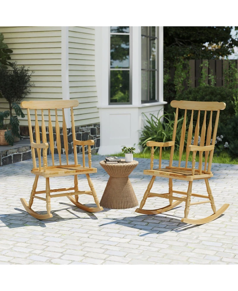 Gouun Solid Wood Outdoor Rocking Chair with Glossy Finish for Porch and Garden, 300 lb Capacity