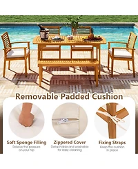 Gouun 7 Piece Acacia Wood Patio Dining Set with Slatted Table and 6 Cushioned Armchairs