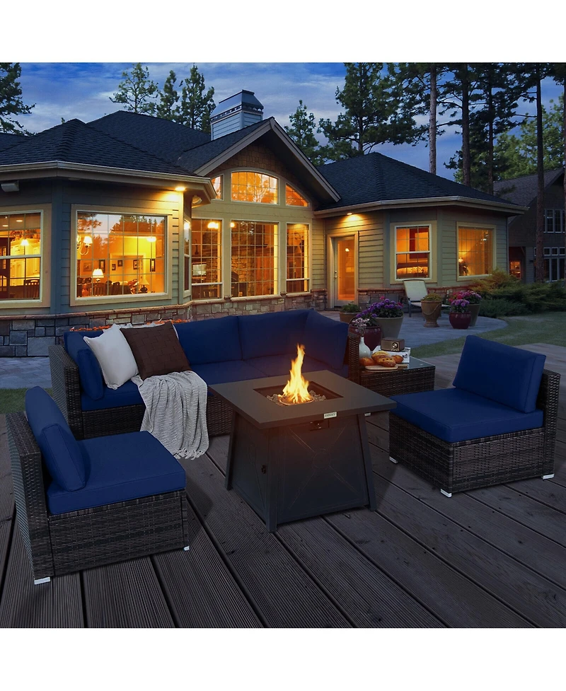 Gymax 7PCS Rattan Patio Sectional Furniture Set w/ 30'' Fire Pit Table & Cushion