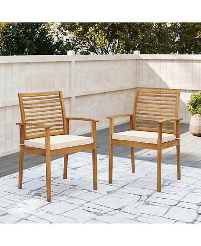 Gouun Set of 2 Acacia Wood Outdoor Patio Dining Chairs with Slatted Backrest and Padded Cushions