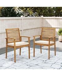 Gouun Set of 2 Acacia Wood Outdoor Patio Dining Chairs with Slatted Backrest and Padded Cushions