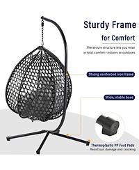 Rainsken Egg Hanging Chair, Foldable Pe Rattan Hammock Swing Chair with Soft Removable Cushion, 330 lbs Capacity for Balcony and Garden
