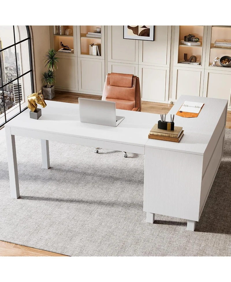 Tribesigns 59-Inch L Shaped Computer Desk with Cabinet, Farmhouse Corner Desk with Storage Shelves, L Shaped Executive Desk, Long Writing Desk for Hom