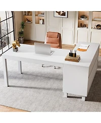 Tribesigns 59-Inch L Shaped Computer Desk with Cabinet, Farmhouse Corner Desk with Storage Shelves, L Shaped Executive Desk, Long Writing Desk for Hom
