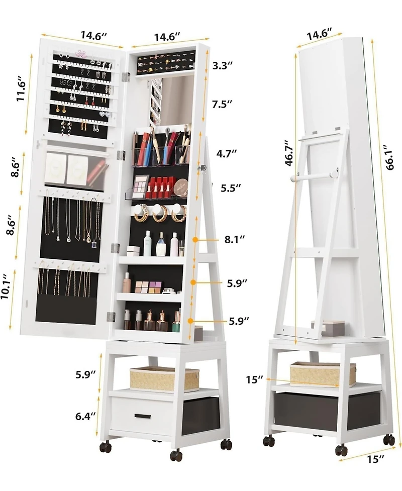 gaomon Jewellery Cabinet Jewellery Organiser With 360degree(s) Swivel Body Full Length Mirror With Locking Cabinet