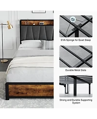 homfan Storage Bed Frame with Linen Upholstered Headboard, 4 Drawers
