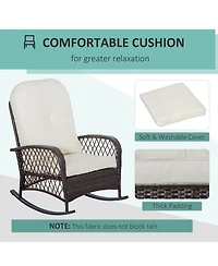 Outsunny Outdoor Wicker Rocking Chair with Wide Seat, Thick, Soft Cushion, Rattan Rocker w/Steel Frame, High Weight Capacity for Patio, Garden, Backya
