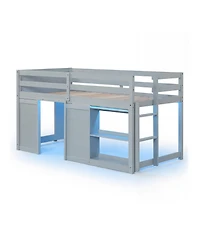 Slickblue Kids Wooden Low Loft Bed with Led Lighting and Dual Doors Storage Design