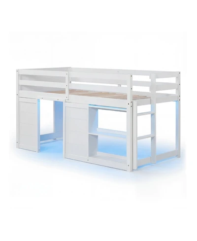 Slickblue Kids Wooden Low Loft Bed with Led Lighting and Dual Doors Storage Design