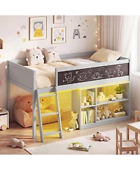 Slickblue Wooden Kids Loft Bed with Led Lighting and Detachable Bookcase Organizer