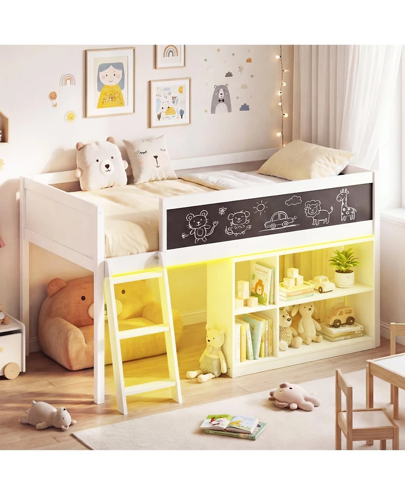Slickblue Wooden Kids Loft Bed with Led Lighting and Detachable Bookcase Organizer