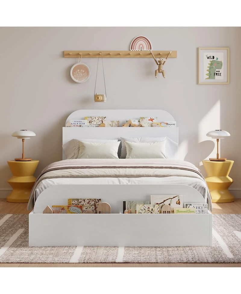 Homfan Wooden Beds with Storage Headboard and Raised-Foodboard, Twin-Floor Low Platform Bed for Bedroom
