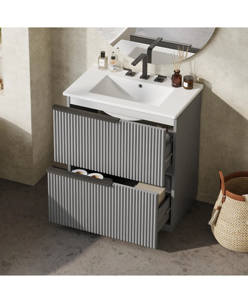 Busdays 30 Inch Bathroom Vanity with Ceramic Sink Full Extension Drawers Soft Close Slides Fluted Design Freestanding Storage Cabinet