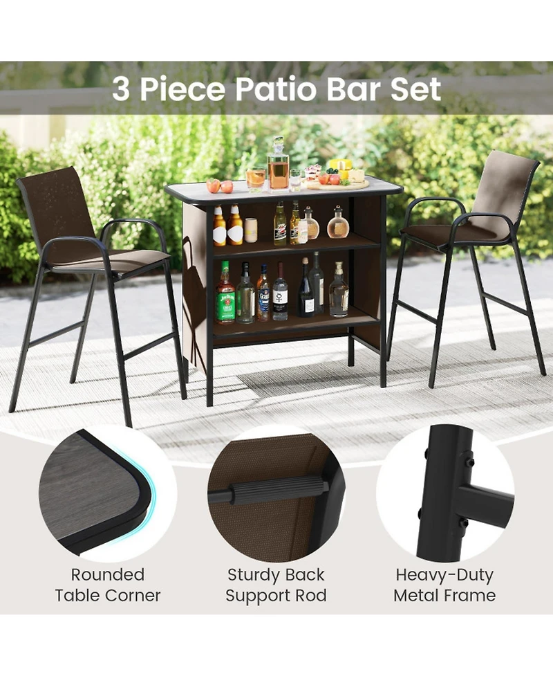 Sugift 3 Piece Outdoor Bar Set with Footrest and 2-Tier Shelf