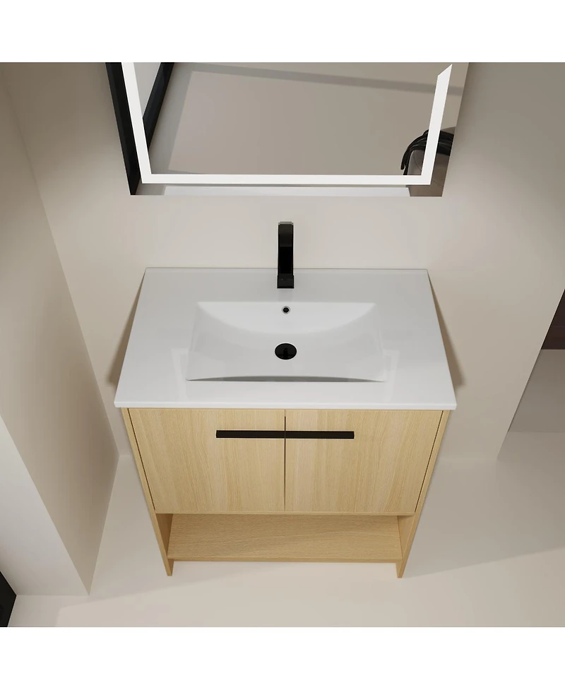 Sillysis Freestanding Bathroom Vanity with Ceramic Sink, Open Storage Shelf, 2 Soft Closing Doors