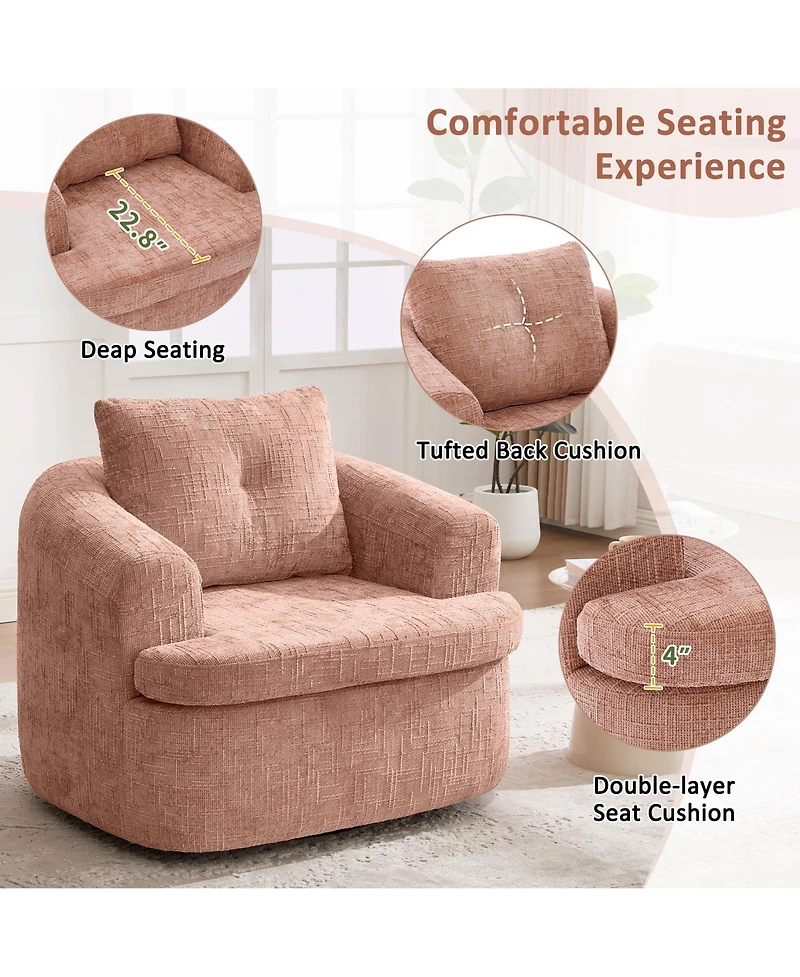 Rainsken 360degree(s) Swivel Barrel Accent Chair, Chenille Fabric Sofa Chair with Dual-Layer Cushion, 36.6" Round Swivel Chair for Living Room