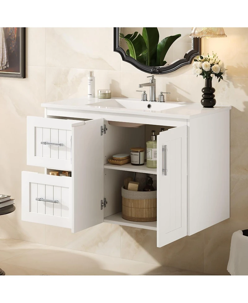 Sillysis 36 Inch Wall Mounted Bathroom Vanity with Ceramic Sink, Soft Close Drawers and Adjustable Shelf for Modern Small Spaces