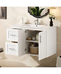 Sillysis 36 Inch Wall Mounted Bathroom Vanity with Ceramic Sink, Soft Close Drawers and Adjustable Shelf for Modern Small Spaces