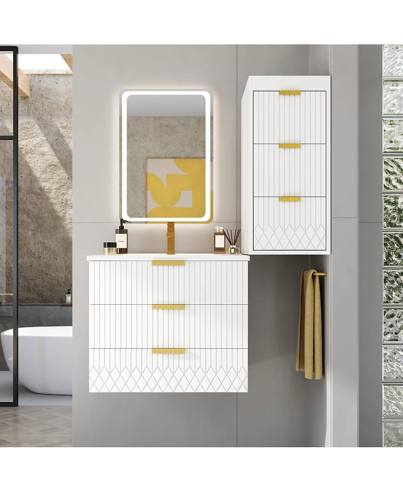 Sillysis Bathroom Vanity with Side Storage Cabinet, Wall Mounted Ceramic Sink and Soft Close Drawers for Small Spaces-Sillysis