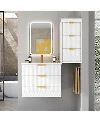 Sillysis Bathroom Vanity with Side Storage Cabinet, Wall Mounted Ceramic Sink and Soft Close Drawers for Small Spaces-Sillysis