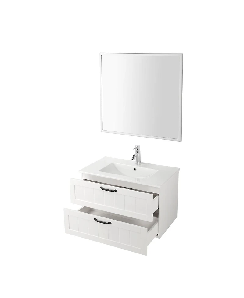 Sillysis 31.5 Inch Wall Mounted Bathroom Vanity with Sink and Mirror, Modern White Floating Solid Wood Cabinet, Soft Close Drawers