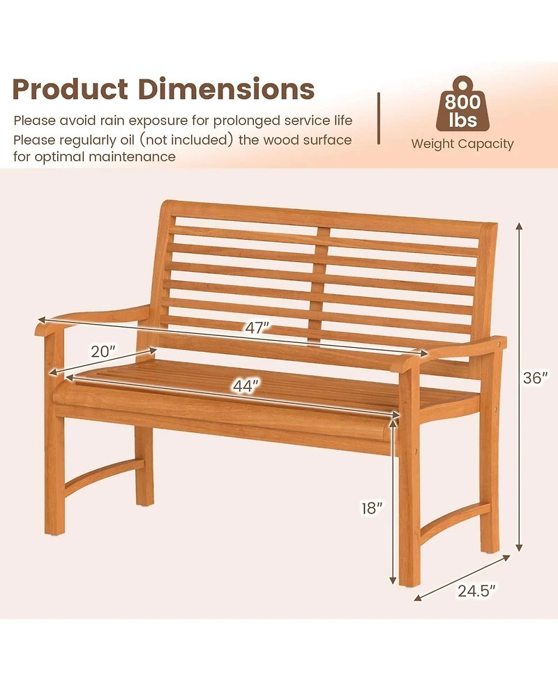 Gymax Teak Wood Outdoor Garden Bench 800 lbs Capacity Slatted Backrest Seat Armrests